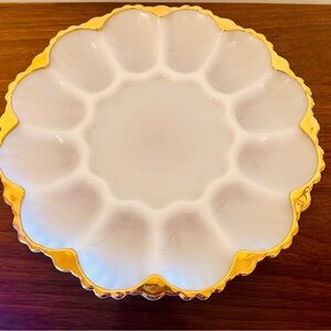 Vintage Anchor Hocking Gold Rimmed Milk Glass Egg Plate